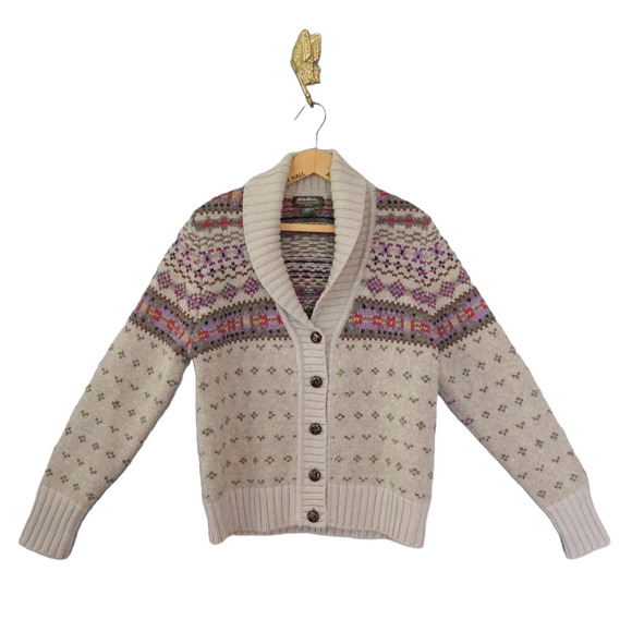 Eddie Bauer Women Fair Isle Wool Blend Shawl Cardigan Sweater L Preppy Cottage - Picture 1 of 14